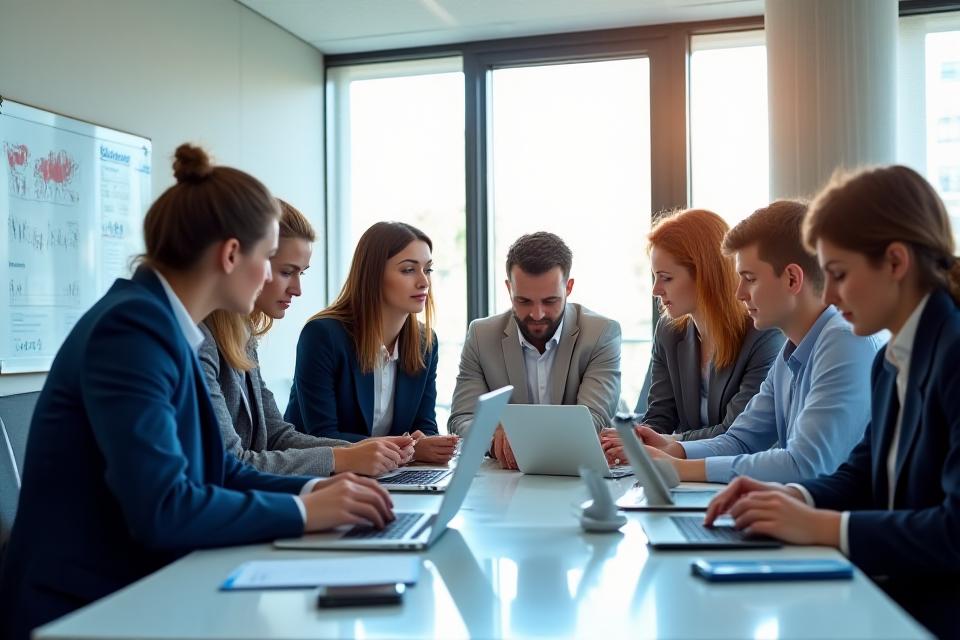 Команда Край Доступа работает вместе над проектом в современном офисе.